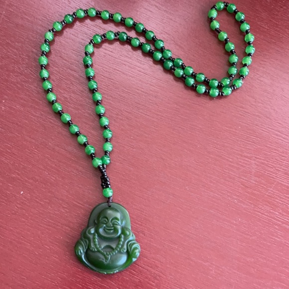 Green jade carved happy Buddha necklace - Picture 6 of 6